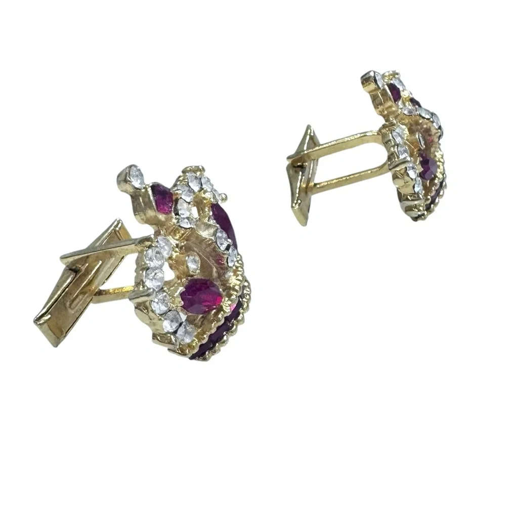 ROYAL CROWN RED AND CLEAR CRYSTAL GOLD TONE CUFFLINKS